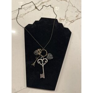 Vintage Mixed Metal Key Heart Eiffel Tower Charm Necklace Long Bronze Chain